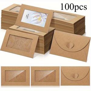 TEMU 50/100개 미니 모종 크라프트 종이 선물 카드 봉투 (하트 잠금 장치 포함) - 10.16 X Cm 결혼식, 기업 행사용 우아한 감사 카드 - 밝은 갈색/흰색 자체 접착 인사 카드 홀더