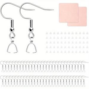TEMU DIY 귀걸이 만들기 키트 - 100개 저자극성 스테인리스 스틸 후크와 펜던트 클래스프, 투명 실리콘 백 & 광택 천 - 은색