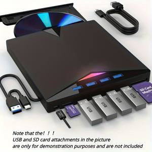 TEMU 휴대용 CD/DVD 플레이어 및 라이터 - SD 카드 리더기, USB 3.0 Type C 허브, CD ROM 버너가 있는 외장 USB C 드라이브, 노트북, Windows, Mac, Linux 데스크탑 호환 - 플러그 앤 플레이, 핫 스왑, 고속 데이터 전송