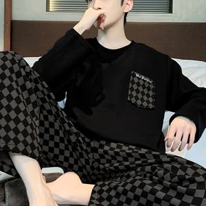 TEMU 남성용 체크무늬 파자마 세트 2벌, 긴소매 순수 봄/가을 신상 홈웨어, 청소년 플러스 사이즈 루즈핏 세트