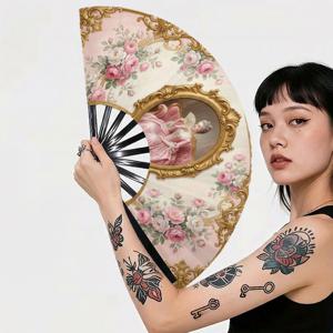 TEMU 1개 빈티지 로코코 휴대용 접이식 선풍기 여행용 액자형 여성 및 핑크 장미 실내 벽 장식, 파티, 기념일, 결혼식에 적합하며 여행 사진 촬영 소품으로도 사용 가능