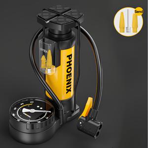 TEMU Phoenix 자전거 발 펌프 - 120PSI 고압, Schrader 및 Presta 밸브용 범용 노즐, 자전거 및 휴대용 - 4가지 스타일: 기본형 (짧은 검은색 튜브, 긴 노란색 코일 튜브), 업그레이드형 (압력 게이지가 있는 짧은 검은색 튜브)
