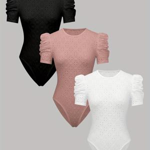 TEMU 여성용 봄/여름 빈티지 퍼프 슬리브 레이스 컷아웃 바디수트 3개 세트, 슬림핏 통기성 반팔 탑, 단색 크루넥 하이컷 바디수트 티셔츠, 여성용 퍼프 슬리브 바디수트, 컷아웃 크루넥 반팔 베이스 레이어, 빈티지 엘레강스 슬림핏 바디수트 탑, 편안하고 피부 친화적인 통기성 소재, 활용도 높고 스타일리시한 디자인, 일상 출퇴근, 파티, 데이트에 적합