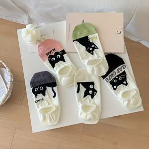 TEMU 여성용 귀여운 만화 고양이 디자인의 봄/여름용 로우컷 인비저블 양말 다섯 켤레, 미끄럼 방지 및 고정 기능 보트 양말