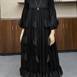 TEMU 우아한 랜턴 슬리브 맥시 드레스 여성용 - 러플 헴, 크루넥, 플로이 핏, 가벼운 폴리에스터, 봄&가을에 딱 좋은, 기계 세탁 가능, 긴 소매 맥시 드레스
