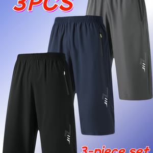 TEMU 3pcs 세트 남성 여름 스포츠 캐주얼 카프리 팬츠 트레이닝 피트니스 야외 러닝 통기성 편안한 얇은 패션 지퍼 포켓 허리 드로스트링