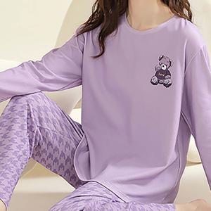 TEMU 1 세트 성인 캐주얼 동물 프린트 잠옷 세트, 긴소매 및 바지, 원단, 라운드넥 후드 디자인, 가을 겨울 시즌에 적합 - 퍼플 베어 디자인