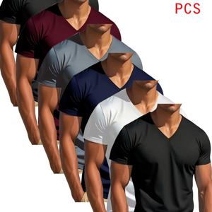 TEMU V넥 티셔츠, 블랙, 화이트, 네이비 블루, 그레이, 버건디, 블랙 - 6개 혼합팩. 상상보다 편안하고 약간의 신축성이 있는 슬림핏 컷, 활용도 높은 디자인. 남성용 반팔 티셔츠, 스웨트셔츠, 속건성 애슬레틱 탑, 모던핏, 캐주얼 스포츠웨어, 스트레치 원단