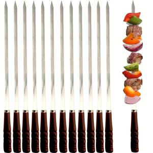 TEMU 12개 대형 스테인리스 스틸 납작 BBQ 꼬치, 천연 나무 손잡이, 내구성이 뛰어나고 내열성이 뛰어나 캠핑, 뒷마당 바베큐 및 야외 파티 요리에 적합