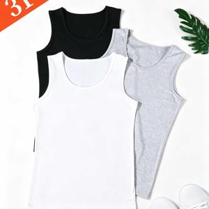 TEMU 3pcs 여름 신상 여성 민소매 티셔츠 캐주얼 다용도 기본 라운드넥 단색 이지 베스트 세트