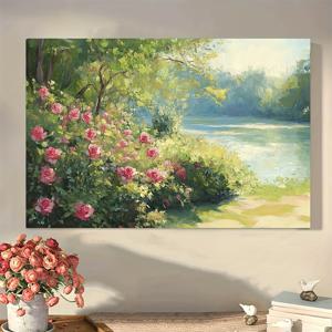TEMU 1개 클로드 모네 수련과 초원 인상주의 그림 - 나무 프레임 캔버스 아트 프린트, 모네 스타일 꽃 벽 장식, 프랑스 인상주의 스타일, 바로 걸기 가능