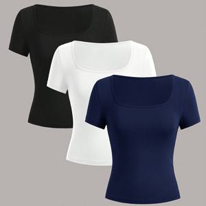 TEMU 여성용 슬림핏 스퀘어넥 반팔 티셔츠 3pcs - 솔리드 컬러 반팔 블라우스, 봄 여름 가을 레이어링용 캐주얼 여름 상의, 세탁기 사용 가능 베이직 티 (3pcs) - 데일리웨어용 비투명 셔츠