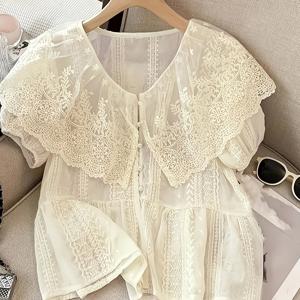 TEMU 컷아웃 디자인 레이스 블라우스, 여성용 V넥 스타일, 루즈핏 캐주얼 탑