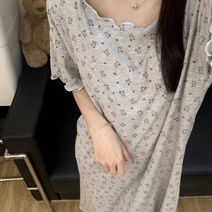 TEMU 여성용 가슴 패드가 있는 회색 수면 드레스, 만화 곰 디자인, 캐주얼하고 젊어 보이는 미디엄 길이 홈웨어