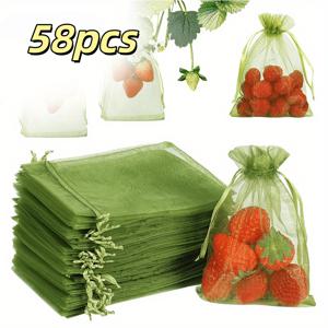 TEMU 58개 과일 보호 백, 4X4.72인치 녹색 과일 네트 커버, 재사용 가능한 과수원 네트 백, 드로스트링 네트 백 딸기 블루베리 소형 과일 해충 방지, 통기성 오간디 테이프 드로스트링 네트 백 과일 나무 재배에 적합