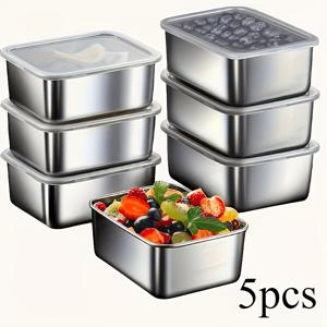 TEMU 뚜껑 있는 식품 보관 용기 5개 세트, 냉장고 사용 도시락통, 정사각형, 수동 뚜껑, 손세척 가능, 간식 준비 및 야외 피크닉에 적합, 다양한 음식을 위한 다용도 보관 및 포장 도구, 냉장고 보관함