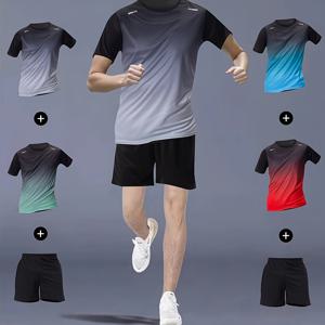 TEMU 6pcs 남성용 반팔 상의 4개 + 반바지 2개 스포츠 캐주얼 세트, 그라데이션 크루넥 탑 티셔츠와 반바지 러닝 피트니스 6피스 세트