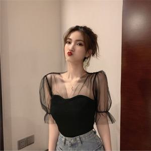TEMU 여성 시스루 망사 니트 퍼프소매 반팔 티셔츠 슬림핏 체형커버 날씬해보이는 페미닌 데이트룩 하객룩 파티룩 섹시한 배색 셔링 상의 블랙