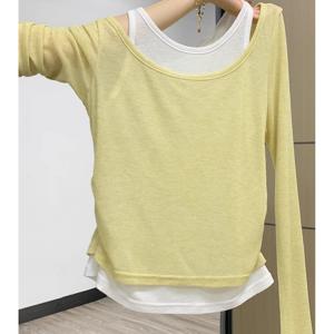TEMU 여성 레이어드 배색 긴팔 티셔츠 가짜두겹 슬림핏 날씬해보이는 유넥 나시 스타일 상의 꾸안꾸 출근룩 찰랑거리는 봄 가을 이너