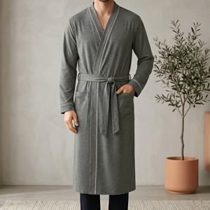 TEMU 원피스 남성용 부드러운 얇은 긴팔 대비 트림 로브, 루즈핏 피부 친화적 통기성 목욕 가운, 편안한 라운지웨어 드레싱 가운