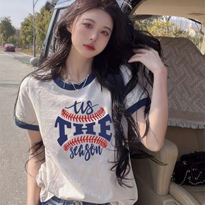 TEMU 유럽풍 헤비 산업 스티칭 포지티브 숄더 라운드넥 반팔 티셔츠 여성 2025 여름 신상 루즈핏 디자인 센스 컬러 매칭 니치 티셔츠 패션 캐주얼 탑