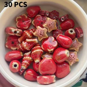 TEMU 30개 7종 핸드메이드 세라믹 비즈 세트, 하트/별/꽃/물방울 모양, 매끄러운 유약 처리, 팔찌 및 귀걸이 DIY 프로젝트용, 레트로 스타일 장식 비즈