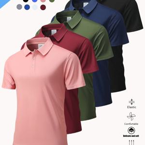 TEMU 5개 세트, 가성비 좋은 컬러 탄성 폴로 셔츠 (단단한 칼라). 캐주얼 외출 및 스포츠에 다용도로 활용 가능한 간편하고 스타일리시한 디자인. 가볍고 통기성이 뛰어나 편안한 스타일과 편안한 착용감을 제공하는 풀오버.