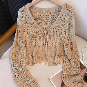 TEMU 디자인 홀우드 레이스업 크로셰 자외선 차단 가디건 여성 여름 신상 얇은 감성 긴팔 연령 감소 짧은 V넥 에어컨 셔츠 탑 여성