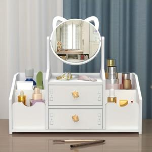 TEMU 화이트 우드 메이크업 화장대 - 고양이 눈 거울 포함, 대형 멀티 서랍장, 9피스 선물 세트 포함, 우아한 화장품 수납 정리대 (조립 필요), 향수 정리함