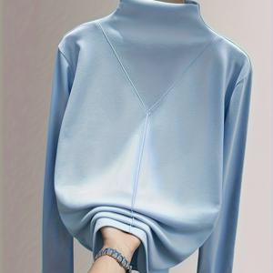 TEMU 여성용 겨울 따뜻한 양면 베이스 레이어 티셔츠 - 칼라 & 피쉬본 패턴 라인 풀오버, 보온 언더셔츠 탑, 레이어링용 세탁기 사용 가능 (아니요) - 편안한 오피스 & 캐주얼 복장