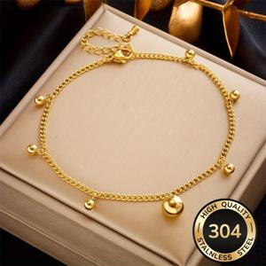 TEMU 304 스테인리스 스틸 발목 체인, 골든 체인, 둥근 구슬 펜던트, 심플한 데일리 스타일, 사계절용, 여성용 발목 체인