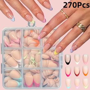 TEMU 270피스 숏 아몬드형 프렌치 네일팁 혼합 누드톤, 9색 도파민 컬러 조합 세트, 다양한 휴일 스타일에 적합, 여성 일상생활용 재사용 가능