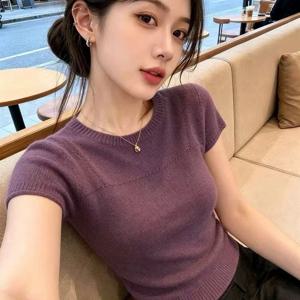 TEMU 보라색 반팔 여성용 2026 여름 신상 패션 슬리밍 및 노화 방지 감성 출퇴근 티셔츠 탑