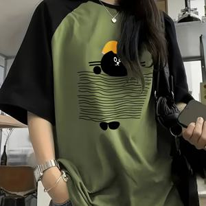 TEMU 제너릭 여성용 라글란 티셔츠 귀여운 만화 고양이 그래픽 프린트 컬러 블록 반팔 야구 티 캐주얼 루즈핏 여름 상의 올리브 그린