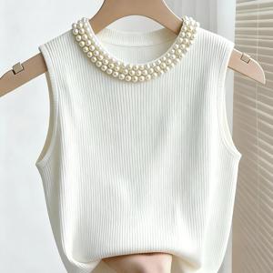 TEMU Women's Fashion Ribbed Pearl Embellid Solid Color Tank Top