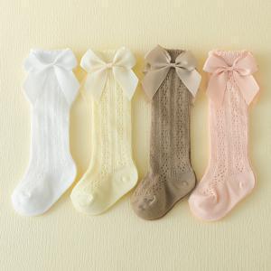 TEMU 여아용 유아용 리본 단색 하이 삭스 4켤레, 아카데미 스타일 메쉬 아기 스타킹