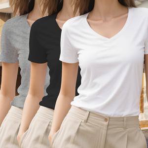 TEMU 여성용 단색 블랙, 화이트, 그레이 패셔너블 캐주얼 브이넥 반팔 티셔츠 3개 세트, 가볍고 활용도 높은 아웃도어 캐주얼웨어, 할로윈, 크리스마스 선물, 라이트 럭셔리 의류