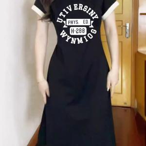 TEMU 여성 냉감 레터링 롱원피스 반팔 티셔츠 원피스 배색 옆트임 맥시원피스 슬림핏 날씬해보이는 찰랑거리는 아이스 꾸안꾸 등원룩 마실룩 여름