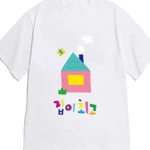 TEMU 한글 알파벳 카툰 하우스 프린트 반팔 티셔츠, 캐주얼 반팔 - 폴리에스터 소재, 여름에 완벽한 선택, 편안한 여성 패션 - 부드럽고 통기성 좋은