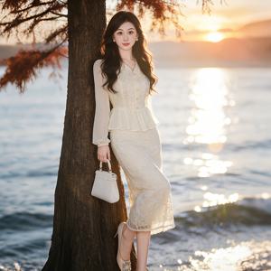 TEMU 여성용 여름 원피스, 젠틀 스타일, V넥, 허리 슬림핏, 긴소매, 러플 밑단, 레이스 패치워크 2-in-1 룩 맥시 드레스