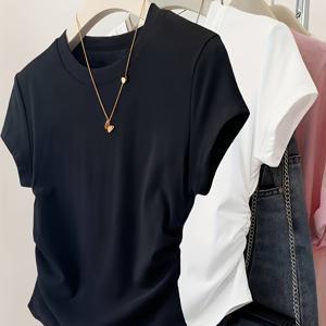 TEMU 여성용 2pcs 라운드 넥 캐주얼 반팔 티셔츠, 러플 허리 슬림핏 디자인, 스타일리시 통근용 상의, 활용도 높은 여성 티셔츠