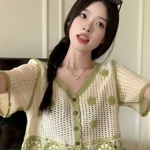 TEMU 오픈워크 크로셰 V넥 반팔 가디건 탑