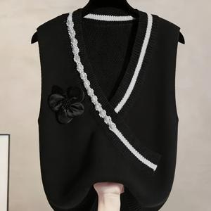TEMU 여성 봄/가을 신상 진주 꽃 진주 조끼 라운드넥 V넥 스웨터