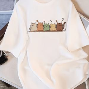 TEMU 반팔 티셔츠 - 재미있는 만화 고양이 별 프린트 루즈핏 크루넥 캐주얼 상의, 사계절용으로 편안함, 세탁기 사용 가능, 커플 티셔츠