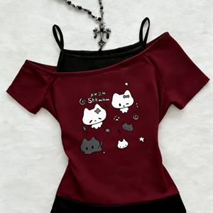 TEMU D372 - 패셔너블 여성용 오프숄더 슬란트 숄더 반팔 티셔츠, 데일리 편안한 트렌드, 슬림 여성 탑, 봄, 여름, 가을에 적합, Y2K, 스트리트 트렌디하고 멋진 일본 및 한국 스타일