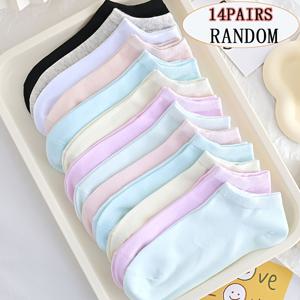 TEMU 여성 봄 여름 얇은 마카롱 랜덤 색상 14켤레 팩 여성용 얕은 입구 숏 삭스, 랜덤 색상 매칭, 데일리 클리어 웨어 남녀공용 스타일