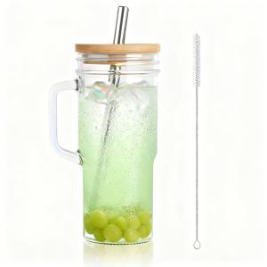TEMU 4/2/1개, 뚜껑과 빨대가 있는 유리컵, 24Oz/700ml 손잡이 달린 유리 텀블러, 메이슨 자, 넓은 입구 재사용 가능한 음료 잔, 보바 컵 스무디 텀블러 아이스 커피 컵 여행용 머그, 주스, 맥주, 파티, 바, 가정, 선물용 버블 유리