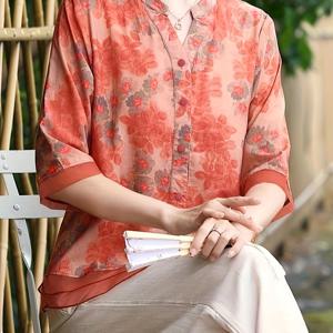 TEMU 여성의 우아한 꽃무늬 프린트 반팔 블라우스 - 세련된 스탠드 칼라, 봄/여름 셔팅 스타일, 가벼운 폴리에스터 원단, 성인 패션에 완벽한 꽃무늬 블라우스