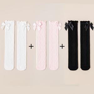 TEMU 여름철 여아용 니하이 삭스 3켤레 세트. 얇은 메시 디자인, 아름다운 레이스 및 리본 디테일이 특징입니다.