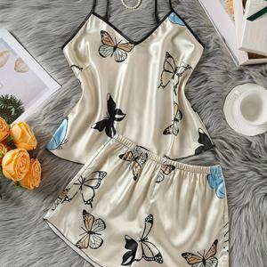 TEMU 2pcs 여성용 나비 프린트 파자마 세트, 스파게티 스트랩 백리스 캐미 및 편안한 반바지, 올 시즌 잠옷